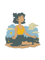 Peaceful Young Woman Meditating Amidst Urban Landscape Scenery