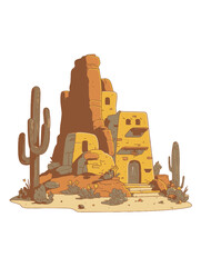 Desert Landscape with Ancient Ruins and Cacti Illustration