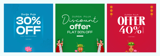 Naklejka premium Durga Puja Sale. offer a set of ads. And. Durga Puja Offer Banner. Durga Puja Sale Poster set