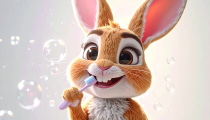 Cartoon rabbit brushing teeth with bubbles