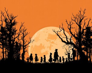Silhouette of children trick or treating on Halloween night under a full moon in a spooky forest.