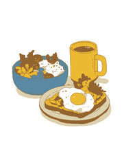 Cozy Breakfast Illustration with Coffee, Toast, and Fruit Bowl