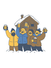 Happy Friends Celebrating Outside Cabin with Beer in Snowy Winter Scene