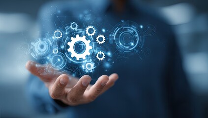 Abstract digital gears and network elements floating above a hand.