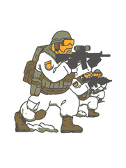 Soldiers in Winter Gear Advancing with Weapons in a Military Scene