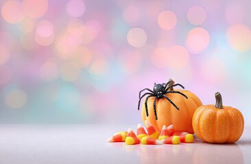 Halloween still life with pumpkins candy corn and a spider on a colorful bokeh background with copy space.