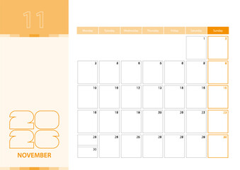 Horizontal planner for November 2026 in the orange color scheme. The week begins on Monday. A wall calendar in a minimalist style.