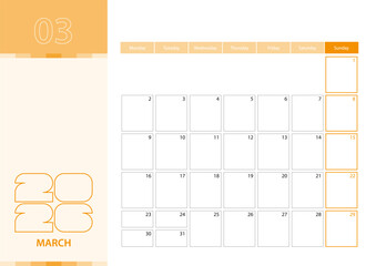 Horizontal planner for March 2026 in the orange color scheme. The week begins on Monday. A wall calendar in a minimalist style.