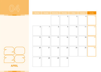 Horizontal planner for April 2026 in the orange color scheme. The week begins on Monday. A wall calendar in a minimalist style.