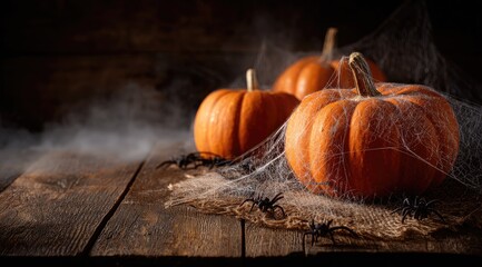Spooky Halloween Pumpkins with Cobwebs and Fog on a Rustic Wooden Table.