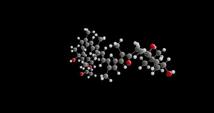 Fucoxanthin molecule, rotating 3D model of xanthophyll, looped video on a black background
