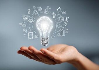 Creative idea and innovation concept with hand holding a glowing lightbulb.