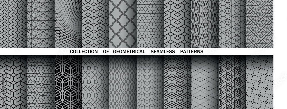 Poster geometric set of seamless black and gray patterns. simple vector graphics