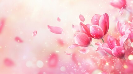 Elegant pink tulips surrounded by gentle falling petals in a soft bokeh