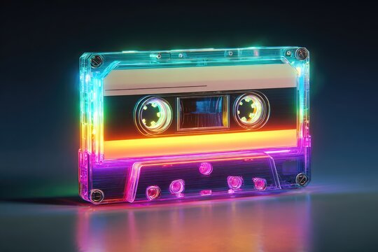 Luminous retro cassette tape glowing with vibrant neon colors.