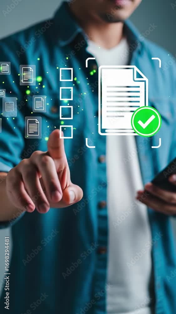 Poster a businessman hand selecting digital document approval touchscreen, technology workflow for secure b