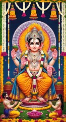 Magnificent Depiction of Lord Vishnu's Powerful Avatar,  Surrounded by Adoring Devotees in a Vibrant and Detailed Artwork