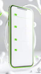 Minimalist smartphone screen with sleek survey checklist interface displaying green checkmarks. Survey research answer checklist