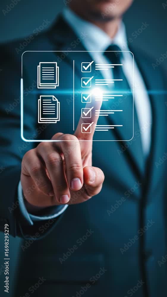 Poster a businessman in suit touching virtual checklist interface for digital document management, task com