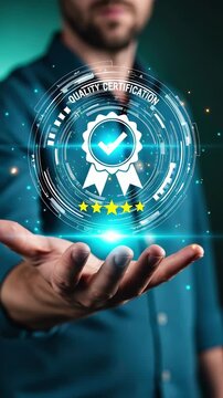 A quality certification digital badge five star rating futuristic technology innovation for business success professional achievement trust