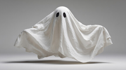 Floating ghost costume draped sheet with simple eye holes, playful spooky theme. AI generated