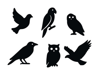 Obraz premium Silhouettes of various birds: parrot, owl, crow, dove, hawk