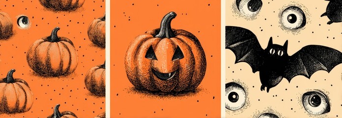 A collection of spooky Halloween illustrations featuring pumpkins, bats, and creepy eyes.