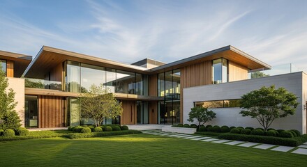 Fototapeta premium Contemporary Home Exterior Showcasing Modern Architecture and Manicured Lawn