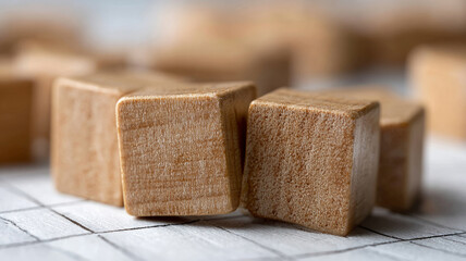 Close-up of wooden blocks on a grid paper.