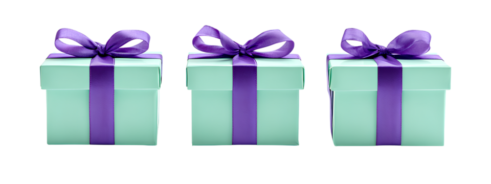  3 mint green gift boxes with purple ribbon, isolated on a Transparent background PNG