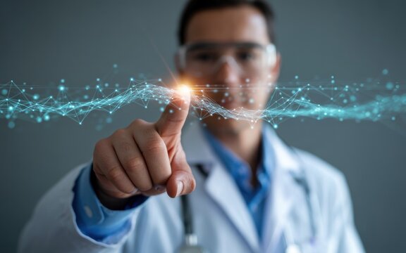 Modern medical professional interacting with a futuristic digital interface showcasing data analysis and scientific discovery