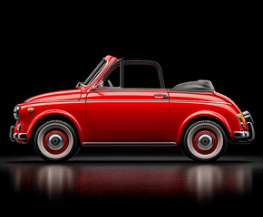 Shiny red vintage convertible car reflected on glossy black surface, studio product shot. AI generated