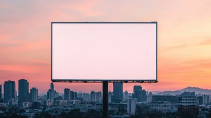 Fototapeta premium Blank Billboard against a Vibrant City Skyline at Sunset with Soft Hues of Orange and Pink Illuminating the Evening Sky