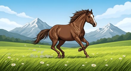 Majestic Brown Horse Galloping Across Lush Green Meadow with Mountain Backdrop: A Breathtaking Nature Scene