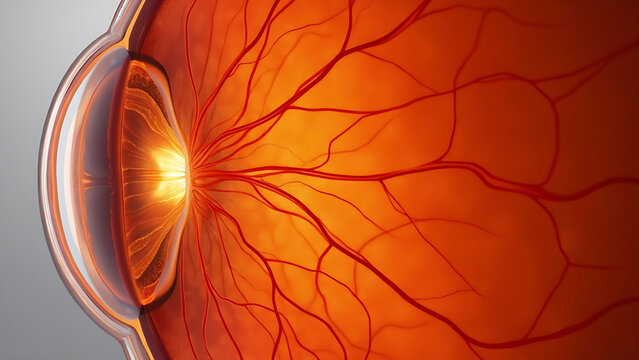 A microscopic image of the human retina, showing the complex vascular network, the layered structure of retinal cells, and the optic nerve head. 