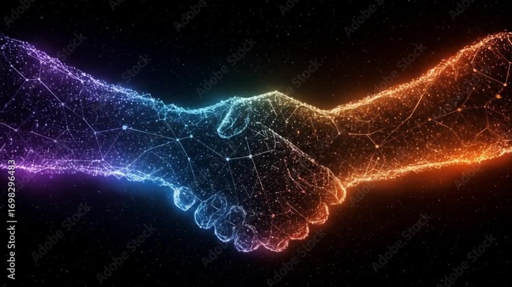 Poster digital handshake with glowing network connections on a dark background showing collaboration