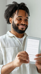 Young business professional holding a transparent tablet displaying a digital checklist with glowing neon green checkmarks. Survey research answer checklist