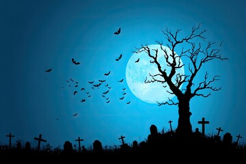 Spooky Halloween graveyard scene with a full moon and bats.