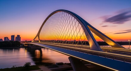 Obraz premium Stunning bridge architecture reflecting on river with colorful twilight sky