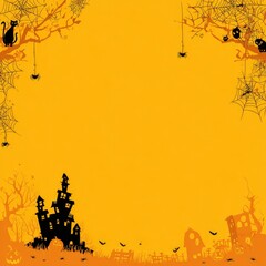 Spooky Halloween Frame with Haunted House and Cats Silhouette.