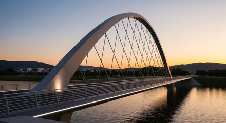 Obraz premium Modern Architectural Bridge Spanning Tranquil Waterscape at Dusk