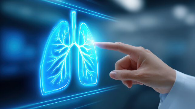 Doctor hand pointing digital lung scan healthcare technology Calm clinical concept with doctor hand pointing at digital lung scan in blue light