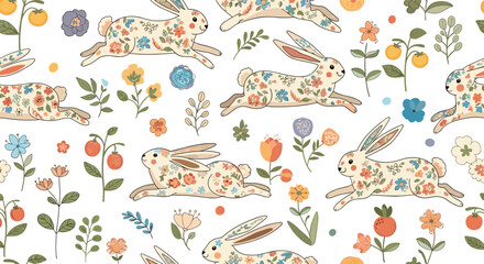 Naklejka premium Charming floral rabbits hopping through a meadow of blossoms and fruitful branches