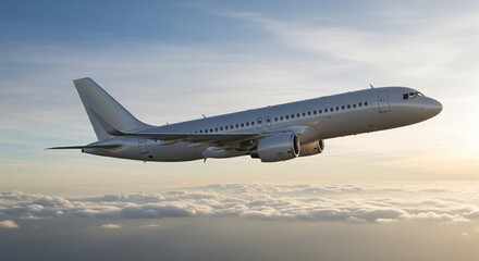 Fototapeta premium Silver Airplane Flying Above Clouds Against a Beautiful Sky at Sunset
