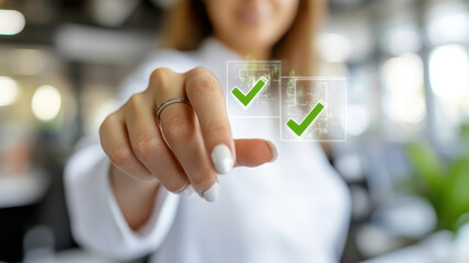 A professional woman in a white blouse taps a holographic survey checklist hovering in mid-air.. Survey research answer checklist
