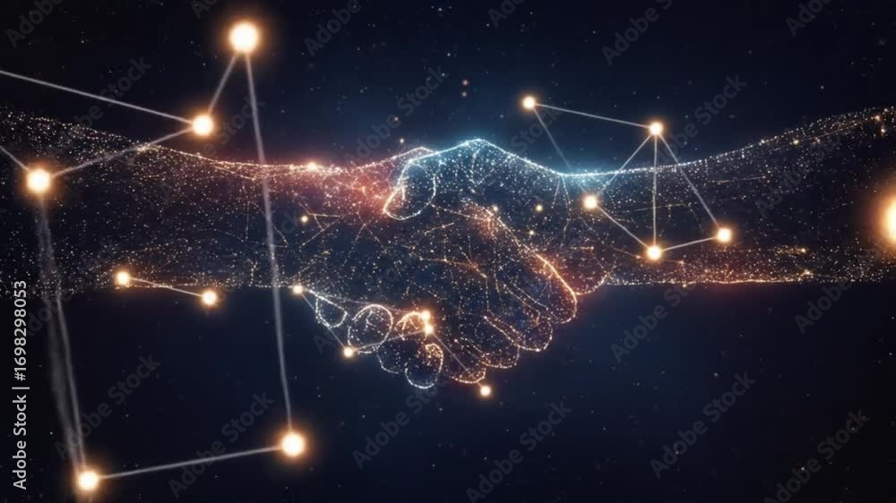 Poster digital handshake formed by interconnected points against a dark blue starry background view