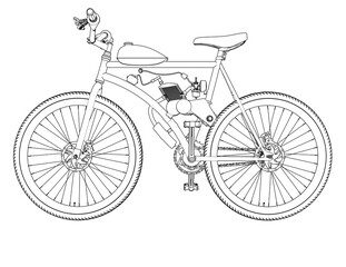 Fototapeta premium Motorized Bicycle Technical Drawing: Detailed Outline Internal Combustion Petrol Engine Push Bike Illustration, Mechanical Engineering Blueprint, Design Plan and DIY Conversion Concept Art Schematic.