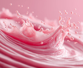 Pink creamy liquid splash with droplets captured in motion, vibrant texture. AI generated