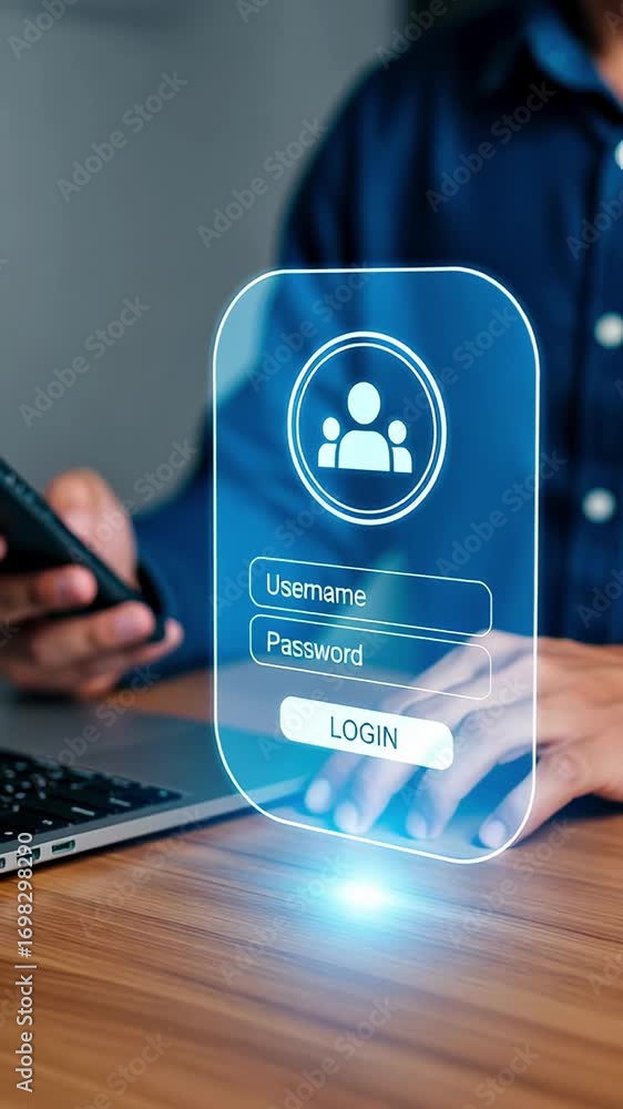 Poster a login screen username password security technology authentication man hand phone laptop modern onl