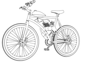 Fototapeta premium Classic Custom Motorized Bicycle Blueprint: Detailed Side View Line Art Illustration with Engine, Fuel Tank, Drive Chain. Monochrome Technical Drawing for Transportation and Industrial Engineering